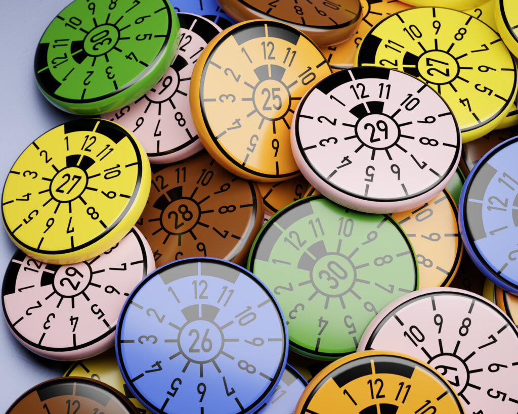 german vehicle inspection stickers / goods vehicle test certificate ("tÜv plakette") with color coding for the years 2025 to 2030.